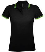 SOL'S Ladies Pasadena Tipped Cotton Piqué Polo Shirt - Black/Lime Green