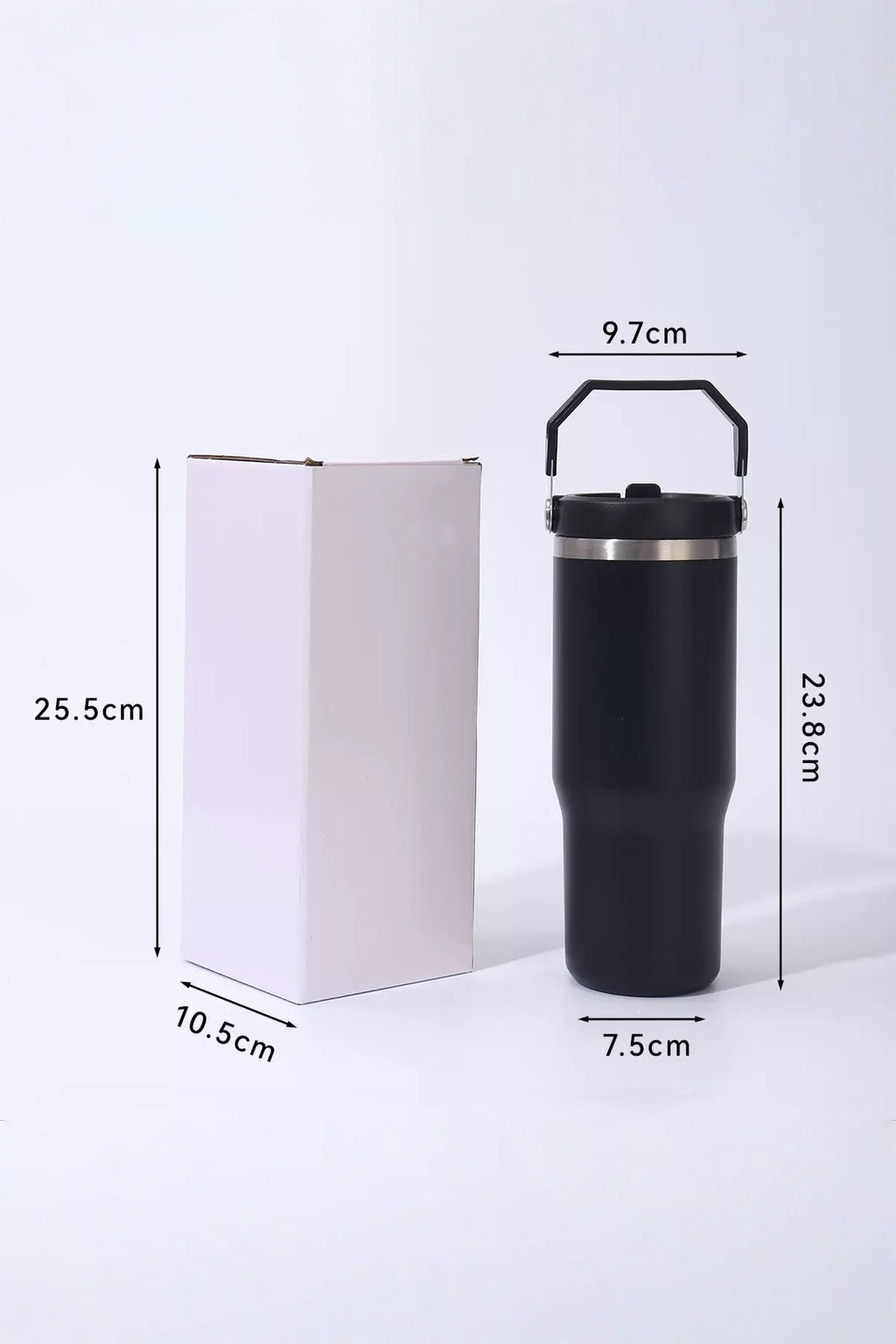 The 30oz tumbler beside its white box, measured: 23.8 cm tall, 9.7 cm across the top, 7.5 cm across the base