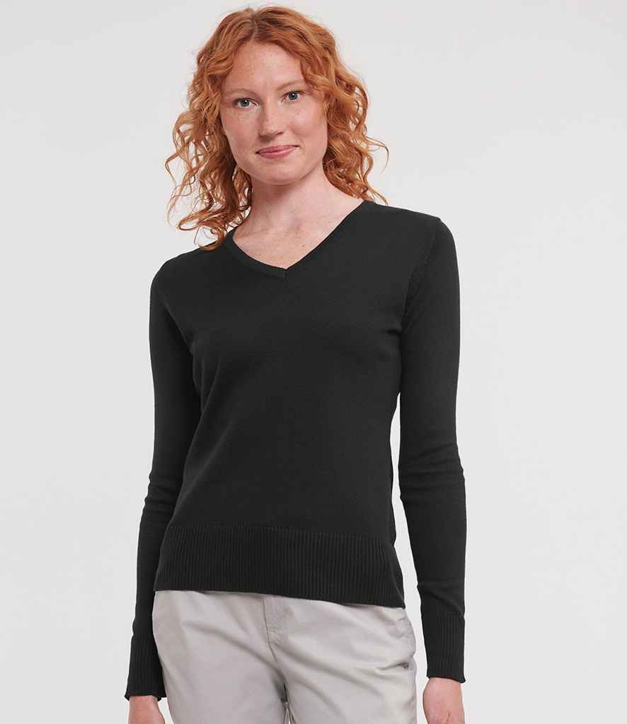 Russell Athletic Collection Ladies Cotton Acrylic V Neck Sweater - Black