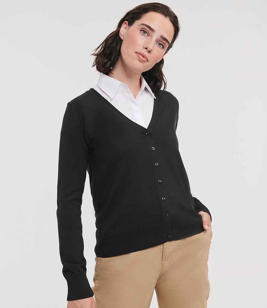 Russell Athletic Collection Ladies Cotton Acrylic V Neck Cardigan - Black