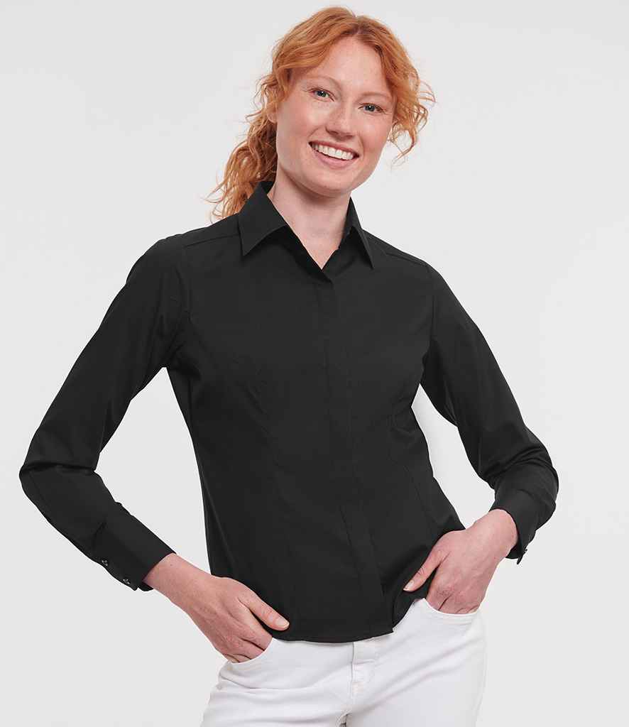 Russell Athletic Collection Ladies Long Sleeve Fitted Poplin Shirt - Black