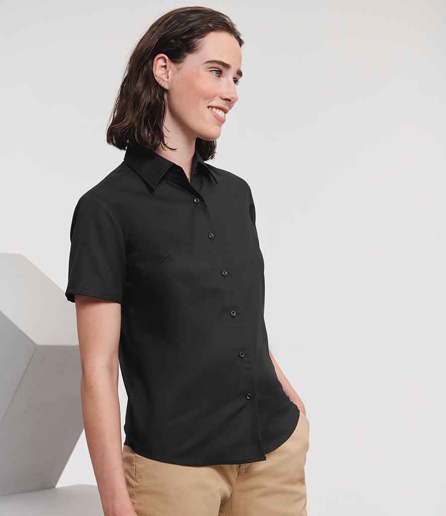 Russell Athletic Collection Ladies Short Sleeve Easy Care Oxford Shirt - Black