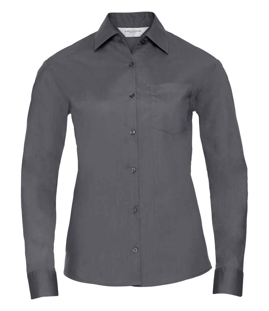 Russell Athletic Collection Ladies Long Sleeve Easy Care Poplin Shirt - Convoy Grey