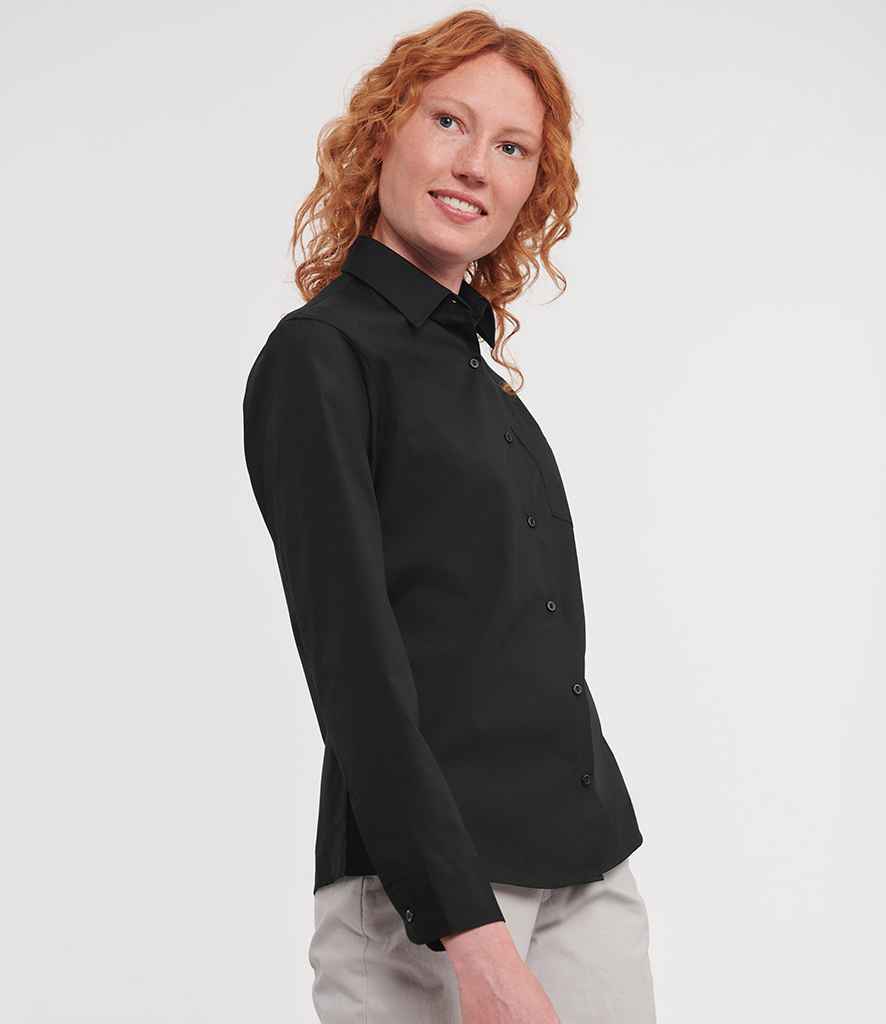 Russell Athletic Collection Ladies Long Sleeve Easy Care Cotton Poplin Shirt - Black