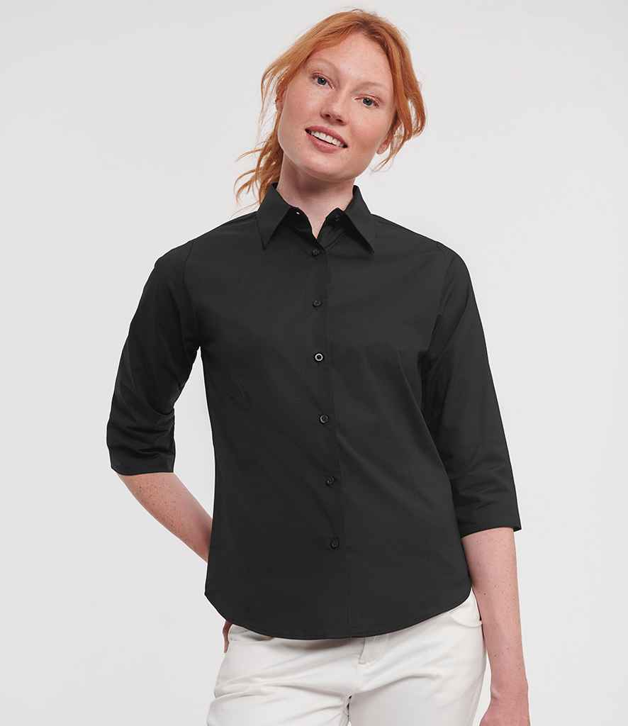 Russell Athletic Collection Ladies 3/4 Sleeve Easy Care Fitted Shirt - Black