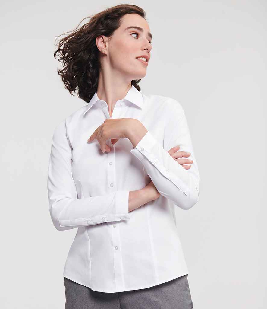 Russell Athletic Collection Ladies Long Sleeve Herringbone Shirt - White