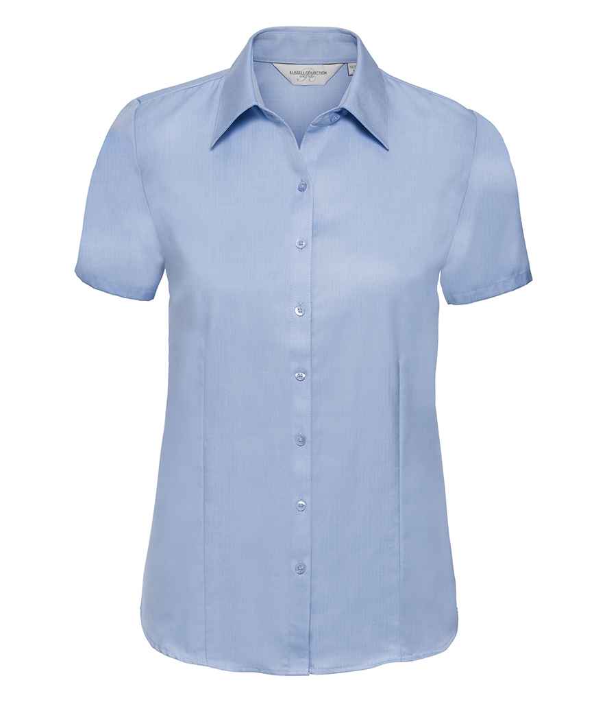 Russell Athletic Collection Ladies Short Sleeve Herringbone Shirt - Light Blue