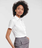 Russell Athletic Collection Ladies Short Sleeve Herringbone Shirt - White