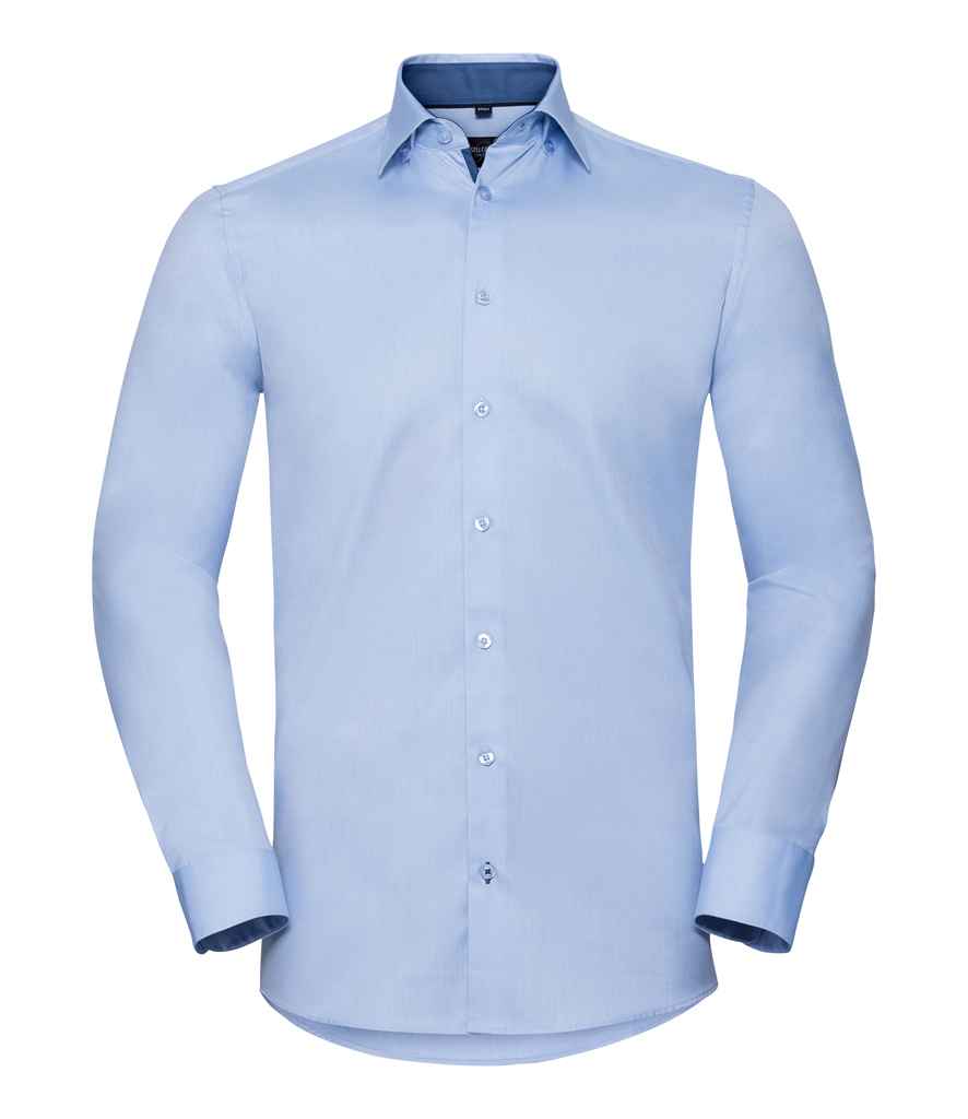 Russell Athletic Collection Long Sleeve Contrast Herringbone Shirt - Light Blue/Mid Blue