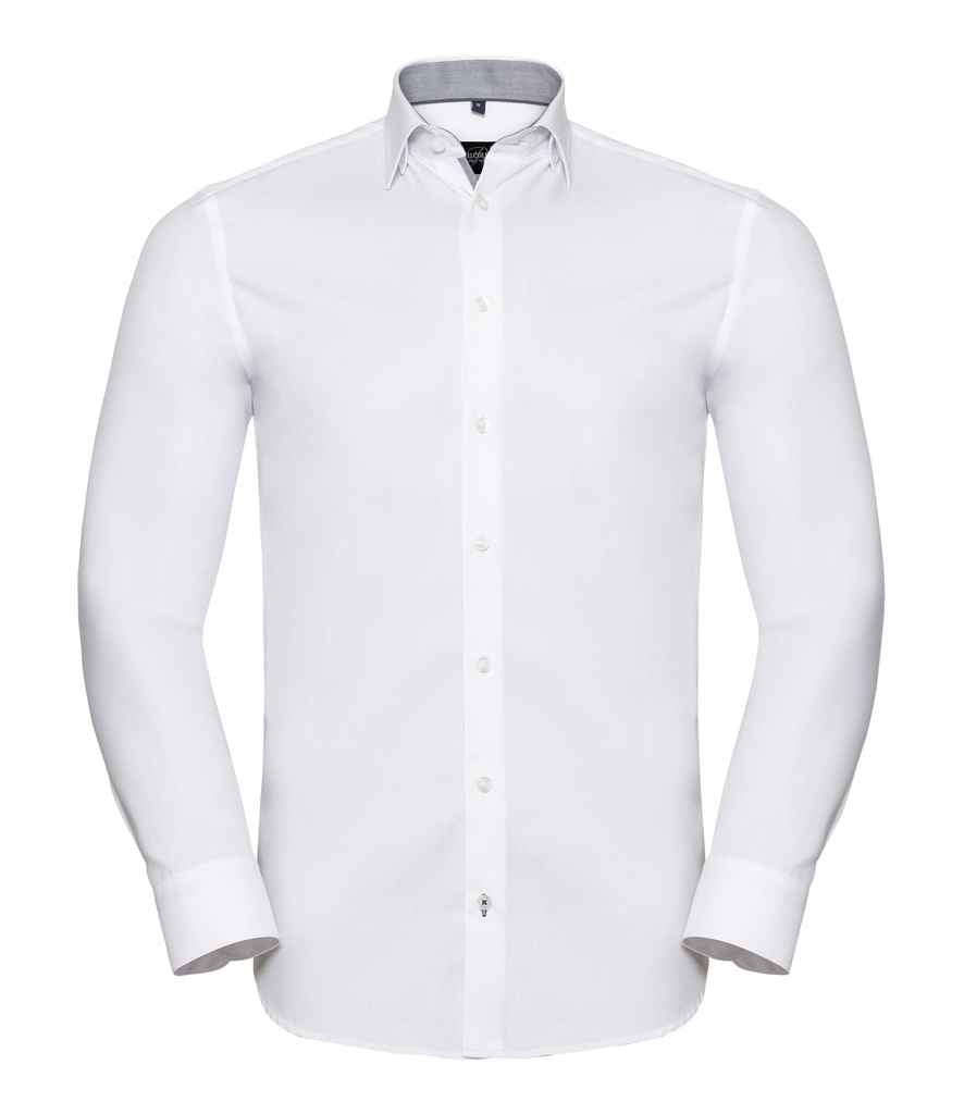 Russell Athletic Collection Long Sleeve Contrast Herringbone Shirt - White/Silver