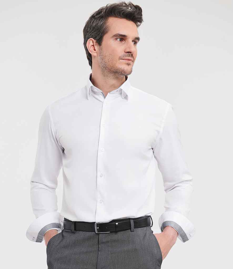 Russell Athletic Collection Long Sleeve Contrast Herringbone Shirt - White/Silver