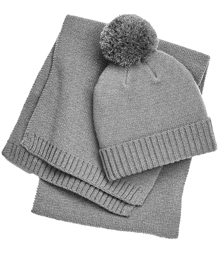 Beechfield Knitted Scarf and Beanie Gift Set - Light Grey Fleck