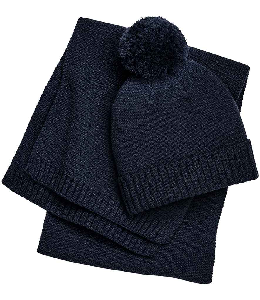 Beechfield Knitted Scarf and Beanie Gift Set - Navy Fleck