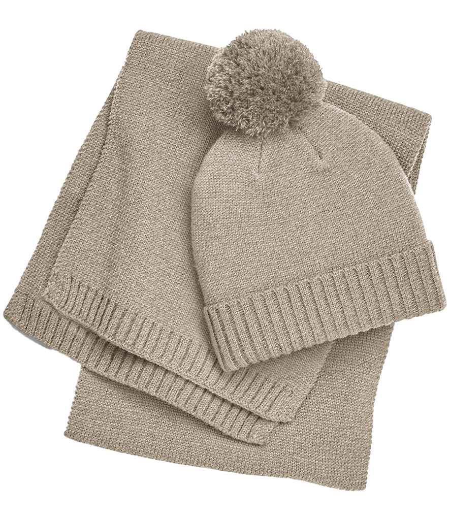 Beechfield Knitted Scarf and Beanie Gift Set - Oatmeal Fleck