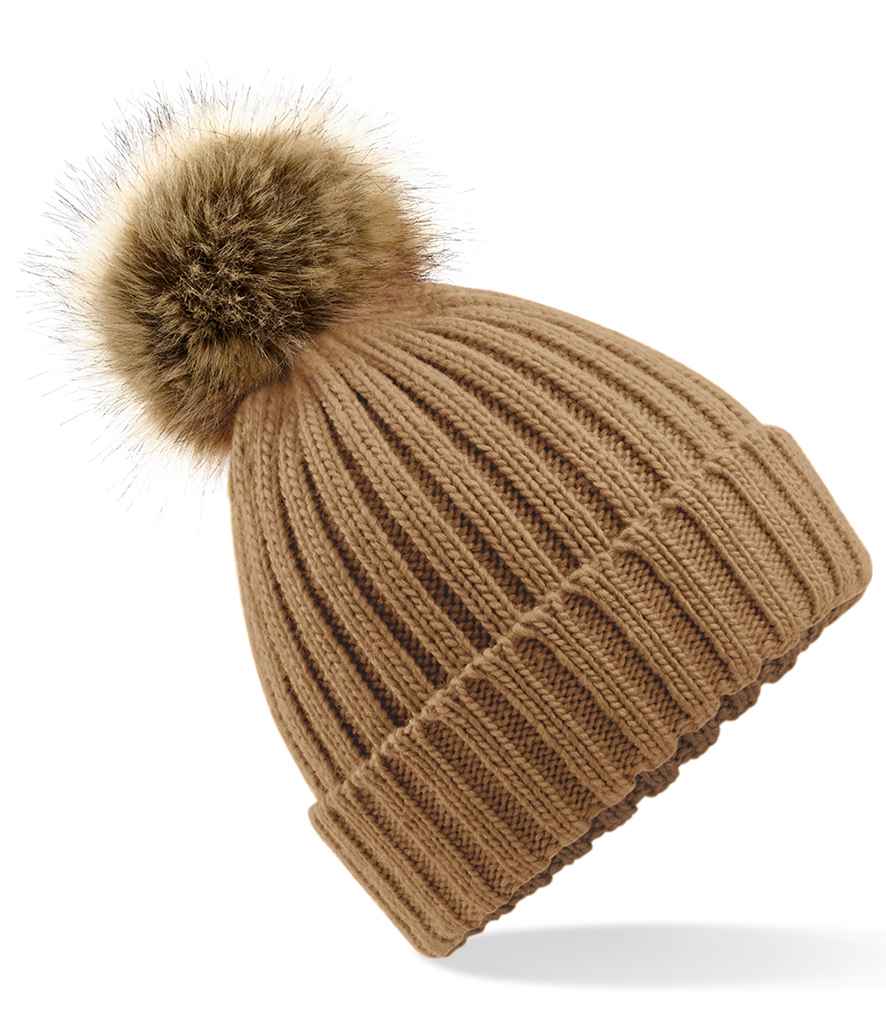 Beechfield Faux Fur Pop Pom Chunky Beanie - Biscuit