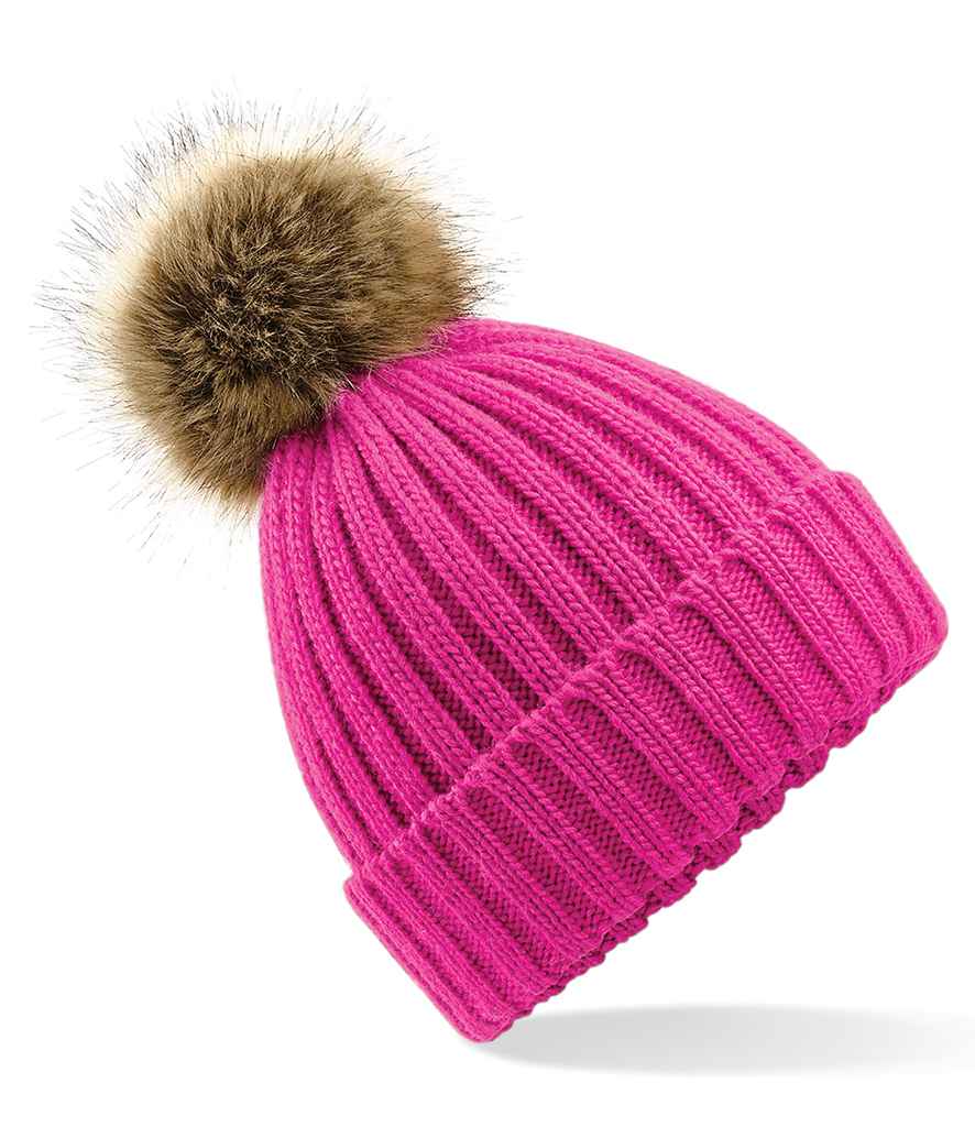 Beechfield Faux Fur Pop Pom Chunky Beanie - Fuchsia