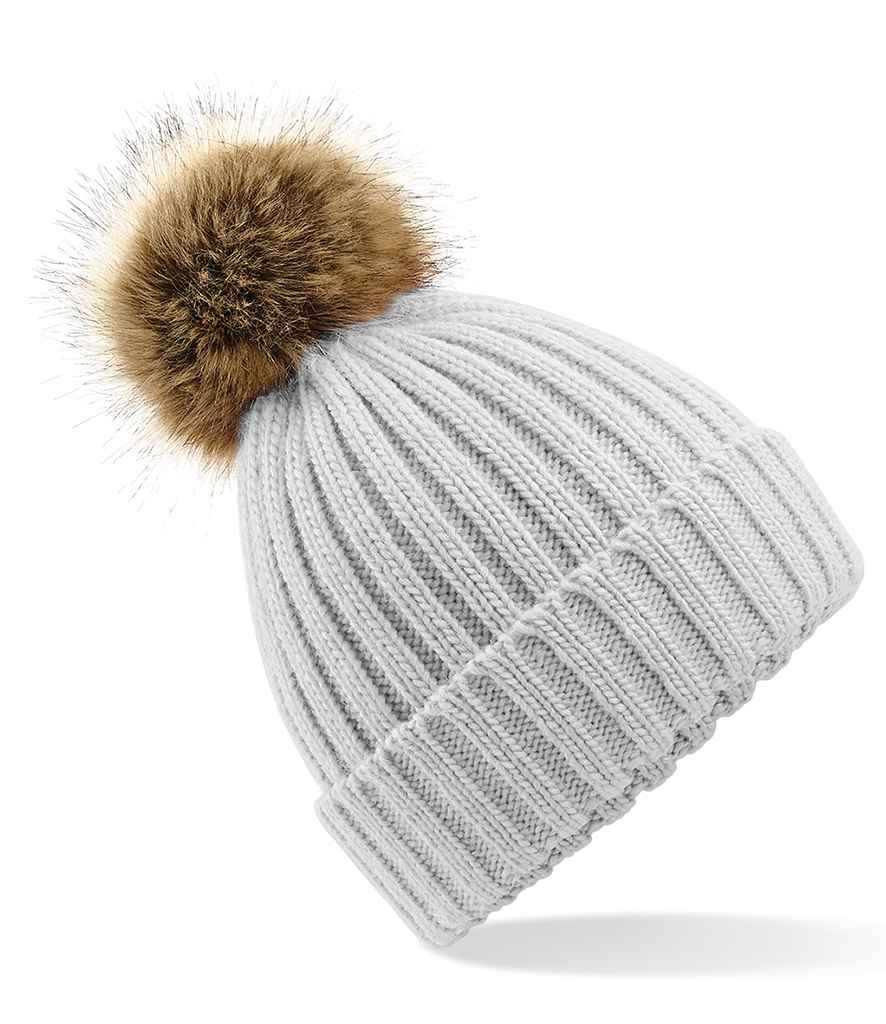 Beechfield Faux Fur Pop Pom Chunky Beanie - Light Grey
