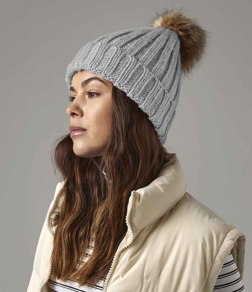 Beechfield Faux Fur Pop Pom Chunky Beanie - Light Grey