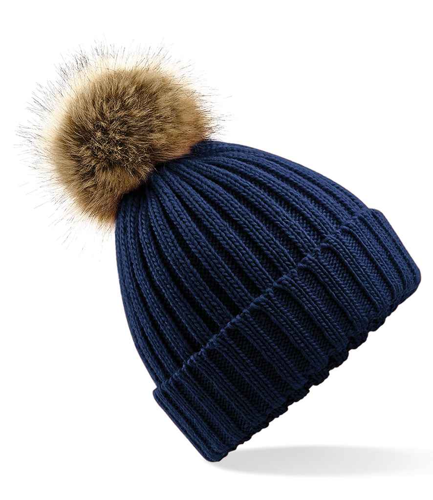 Beechfield Faux Fur Pop Pom Chunky Beanie - Navy