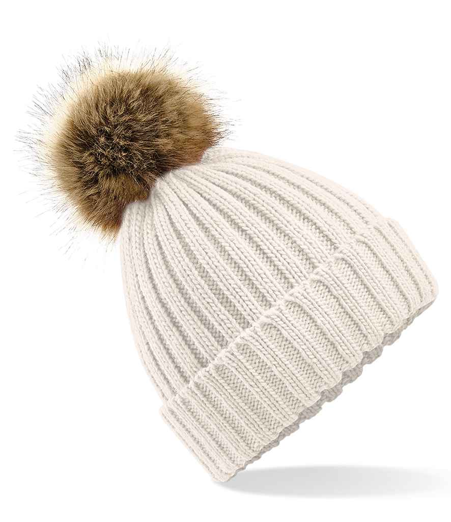 Beechfield Faux Fur Pop Pom Chunky Beanie - Oatmeal
