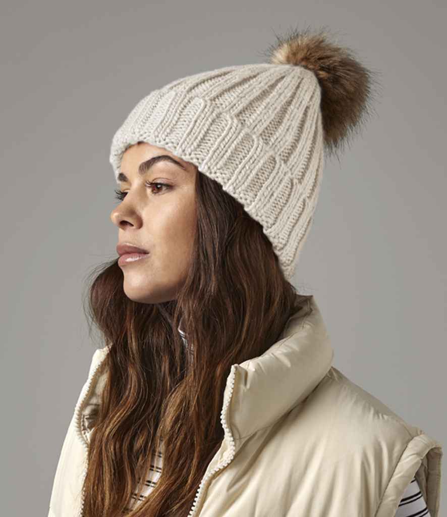 Beechfield Faux Fur Pop Pom Chunky Beanie - Oatmeal