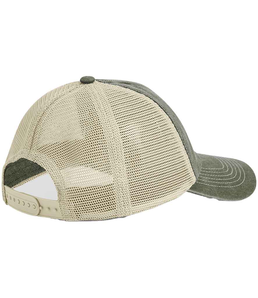 Beechfield 6 Panel Vintage Trucker Cap - Vintage Olive/Sky Blue