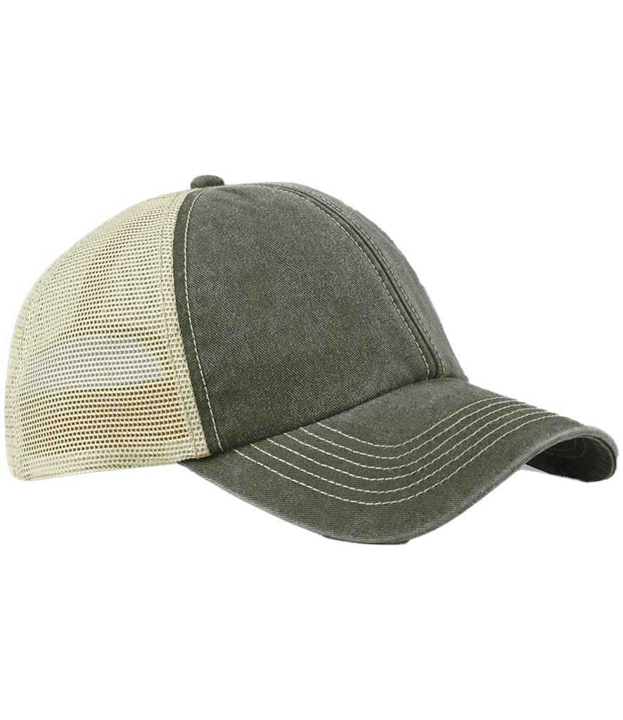 Beechfield 6 Panel Vintage Trucker Cap - Vintage Olive/Sky Blue