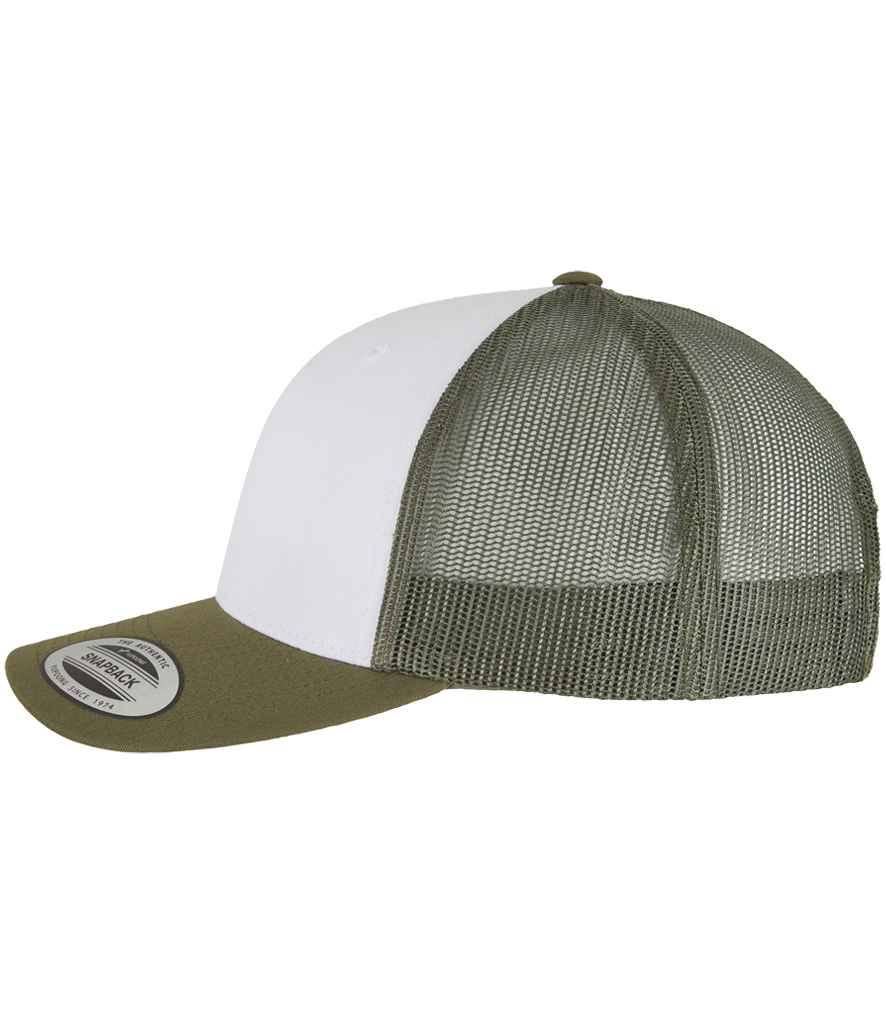 Flexfit Retro Coloured Front Trucker Cap - Moss Green/White/Olive Green