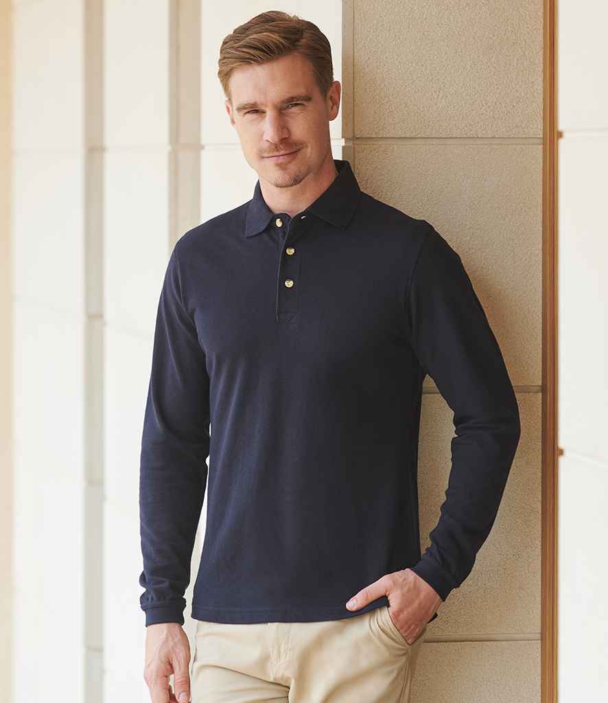 Henbury Long Sleeve Cotton Piqué Polo Shirt - Navy