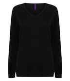 Henbury Ladies Lightweight Cotton Acrylic V Neck Sweater - Black
