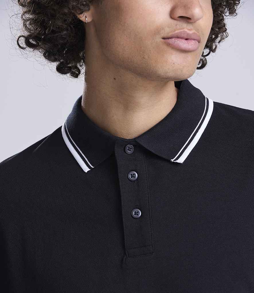 AWDis Long Sleeve Tipped 100 Polo Shirt - Deep Black/White
