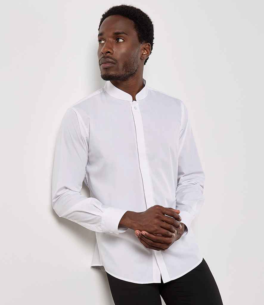 Kustom Kit Long Sleeve Tailored Mandarin Collar Shirt - White