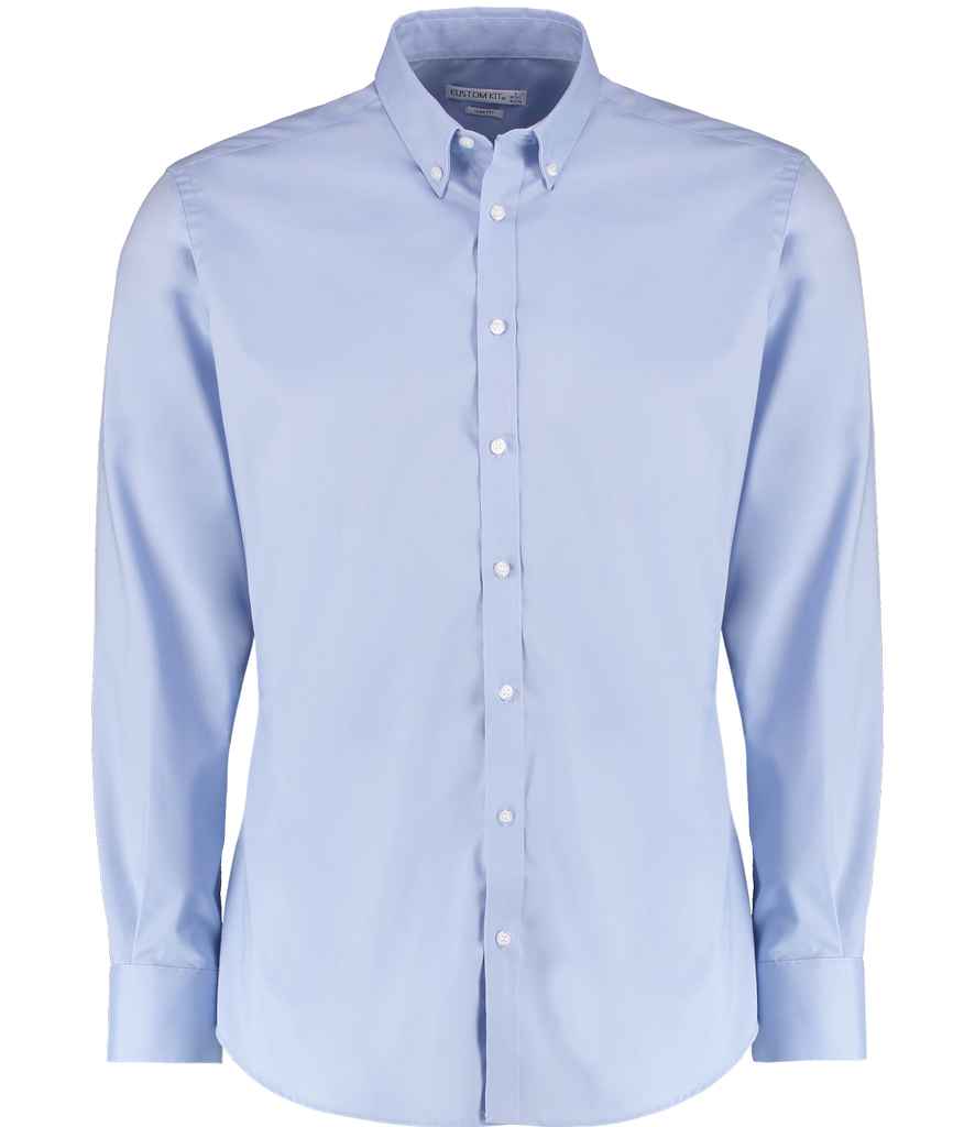 Kustom Kit Slim Fit Stretch Long Sleeve Oxford Shirt - Light Blue