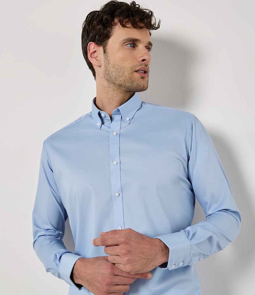 Kustom Kit Slim Fit Stretch Long Sleeve Oxford Shirt - Light Blue
