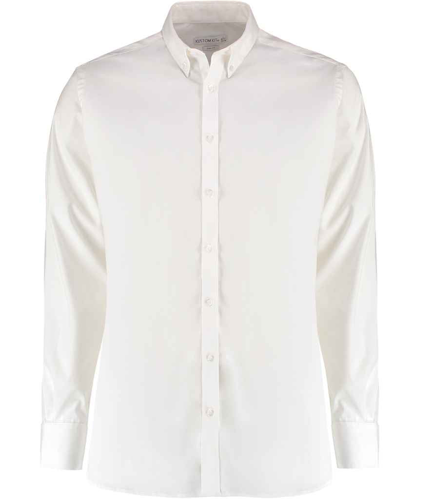 Kustom Kit Slim Fit Stretch Long Sleeve Oxford Shirt - White