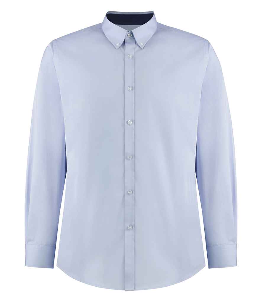 Kustom Kit Premium Long Sleeve Contrast Tailored Oxford Shirt - Light Blue/Navy