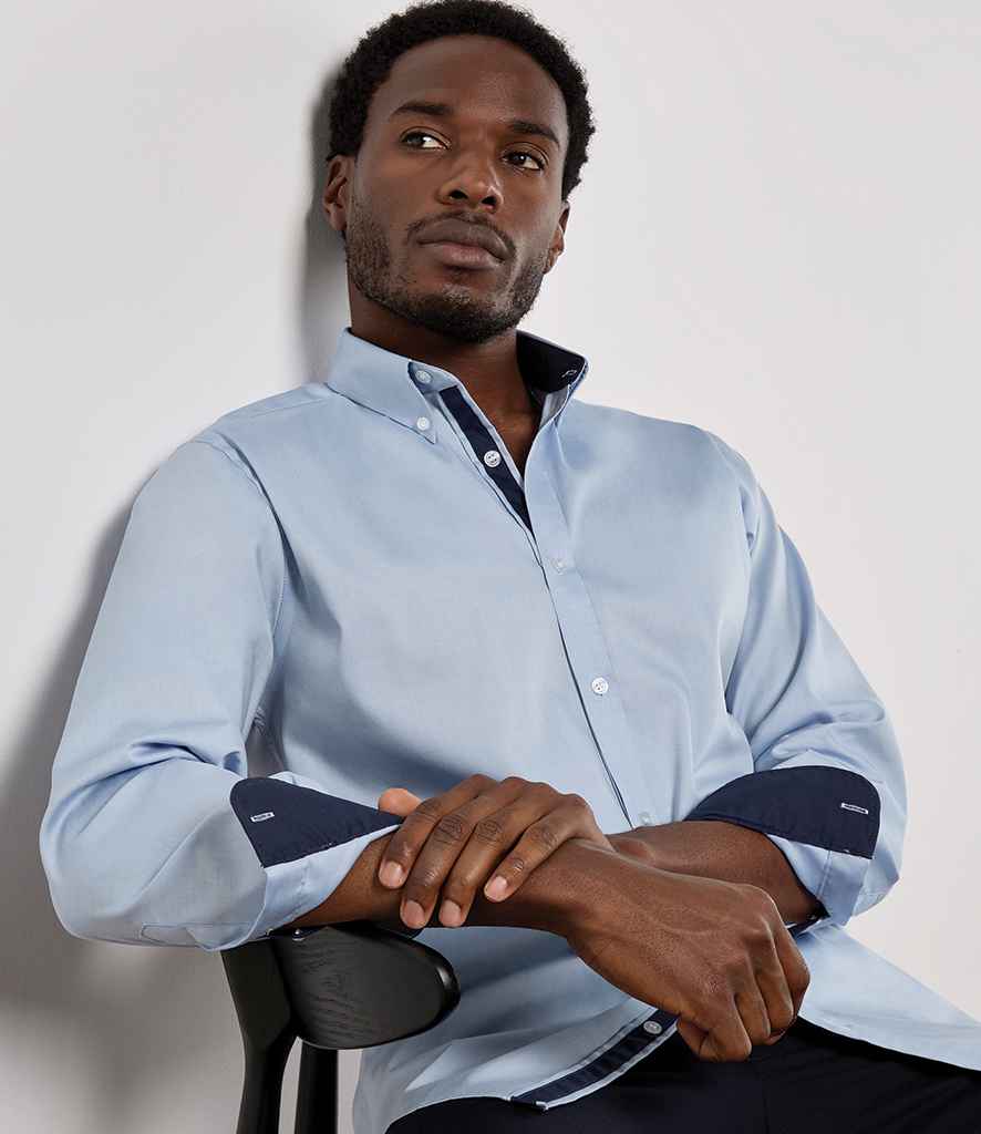 Kustom Kit Premium Long Sleeve Contrast Tailored Oxford Shirt - Light Blue/Navy