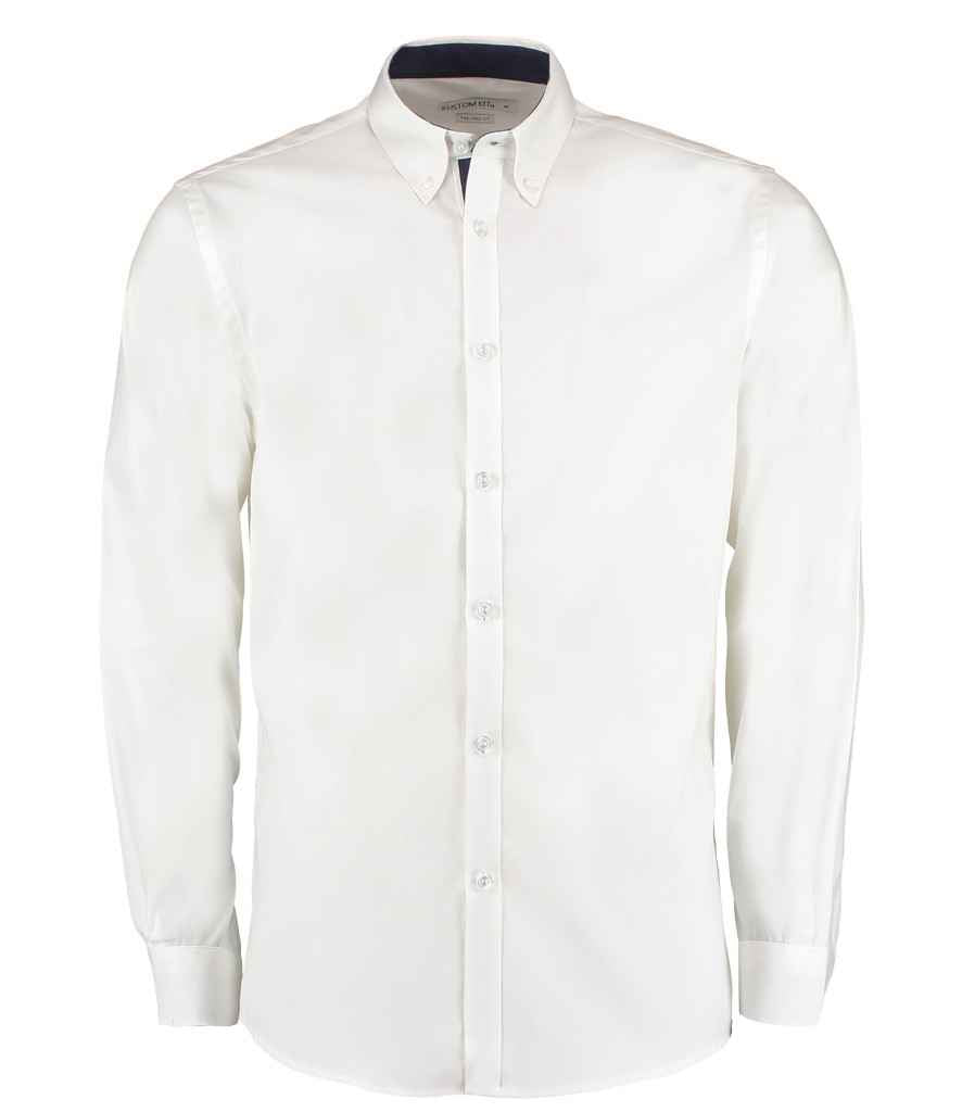 Kustom Kit Premium Long Sleeve Contrast Tailored Oxford Shirt - White/Navy