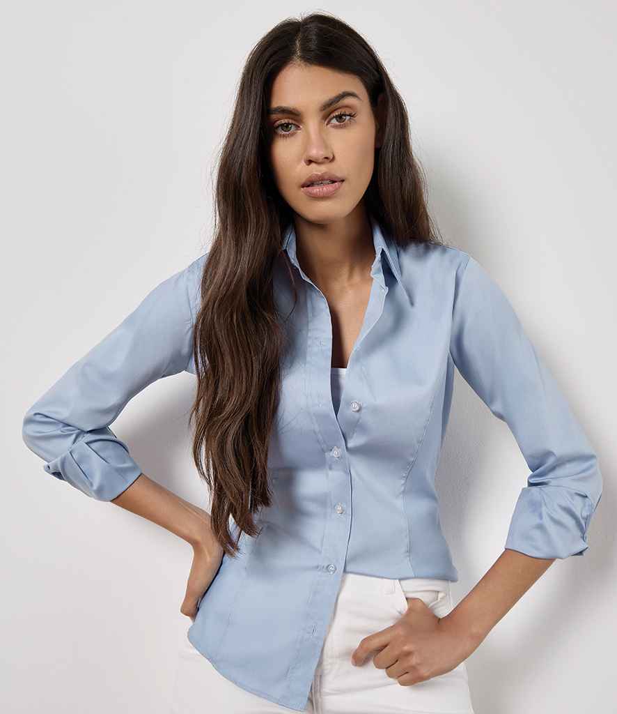 Kustom Kit Ladies Premium Long Sleeve Tailored Oxford Shirt - Light Blue