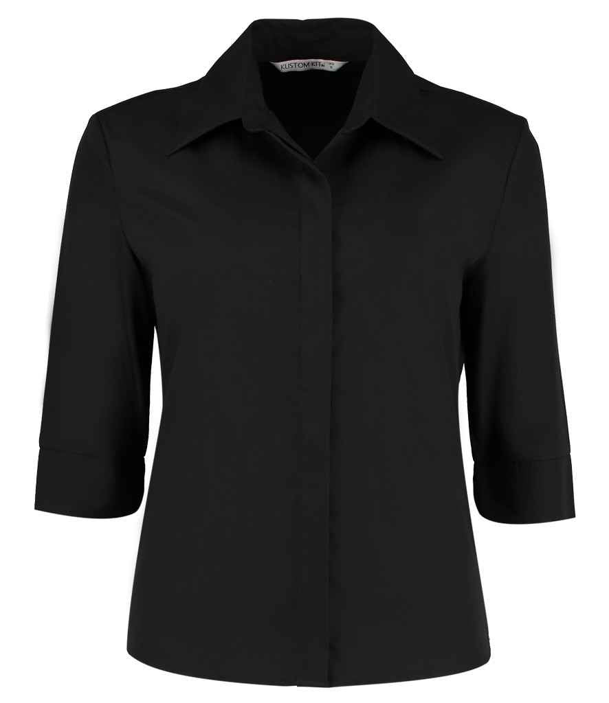Kustom Kit Ladies 3/4 Sleeve Tailored Continental Shirt - Black