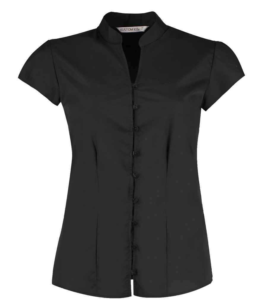 Kustom Kit Ladies Cap Sleeve V Neck Tailored Continental Blouse - Black
