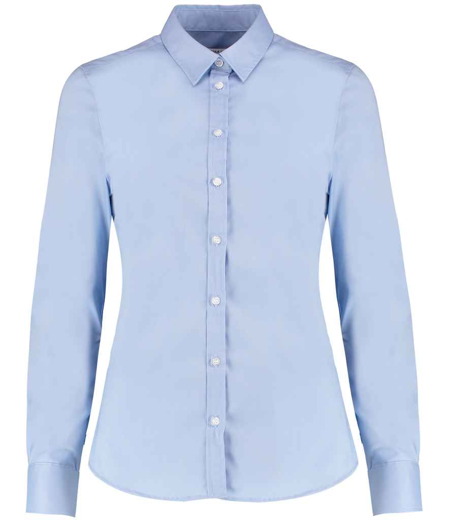 Kustom Kit Ladies Long Sleeve Tailored Stretch Oxford Shirt - Light Blue