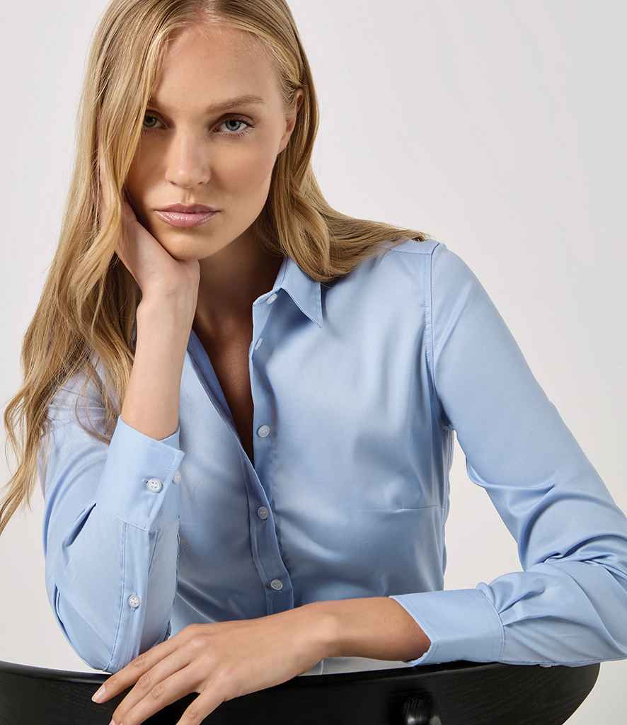 Kustom Kit Ladies Long Sleeve Tailored Stretch Oxford Shirt - Light Blue