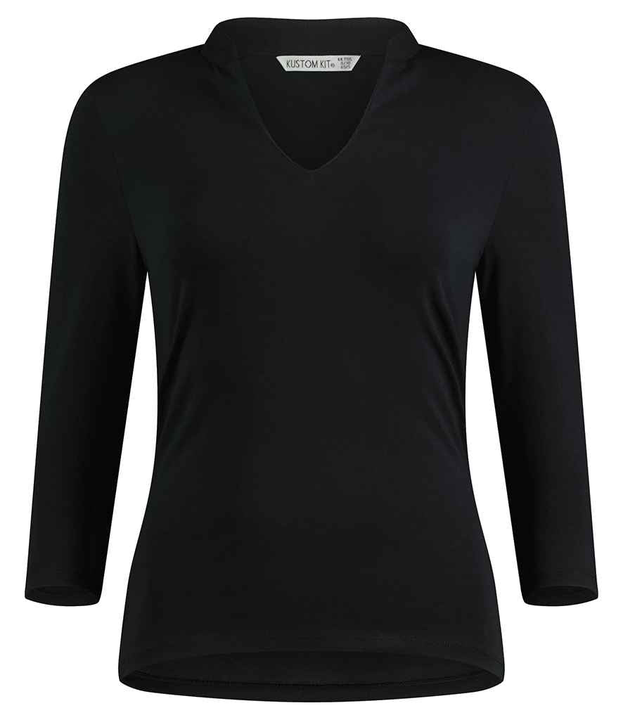 Kustom Kit Ladies 3/4 Sleeve Mandarin Collar Top - Black
