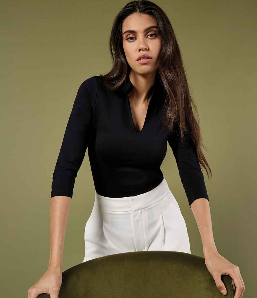 Kustom Kit Ladies 3/4 Sleeve Mandarin Collar Top - Black