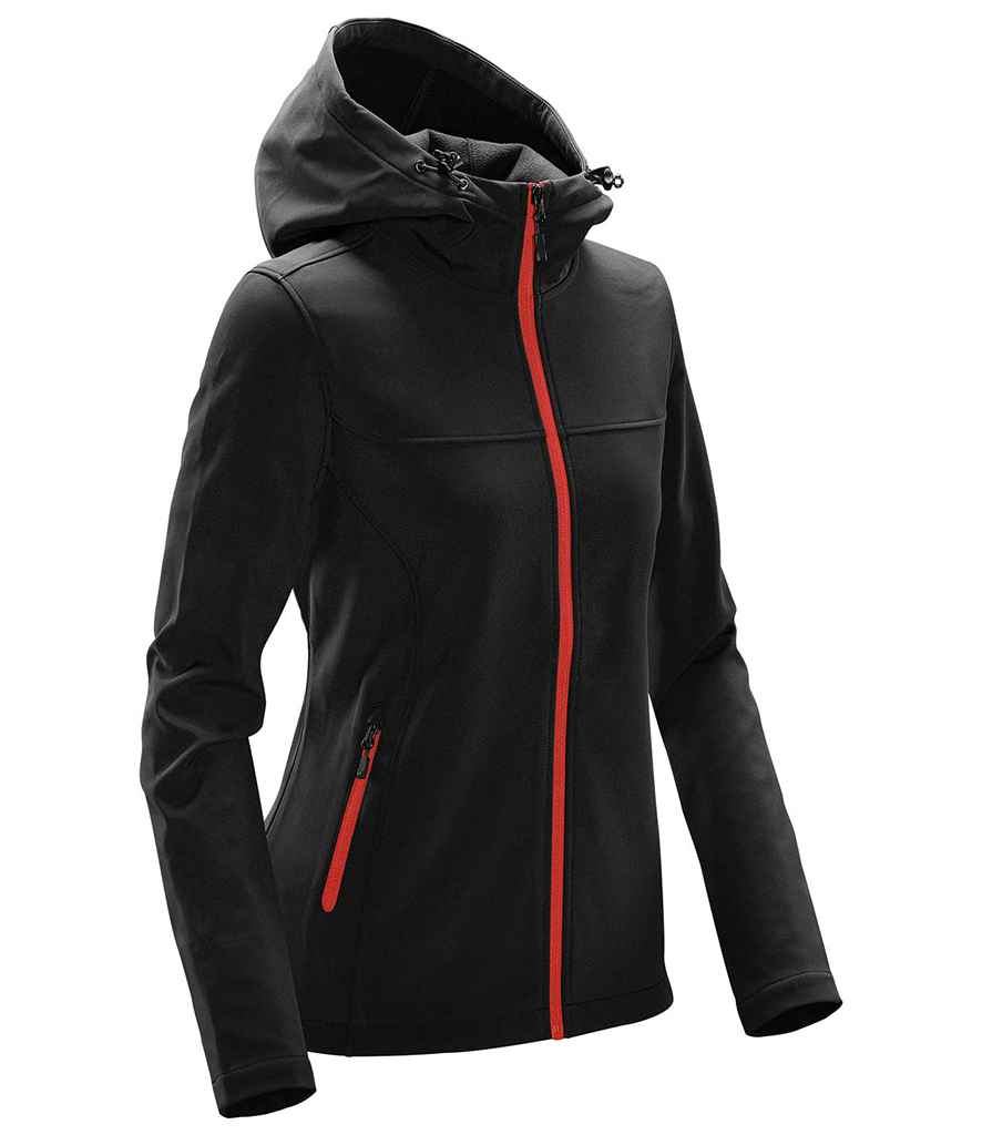 Stormtech Ladies Orbiter Hooded Soft Shell Jacket - Black/Bright Red