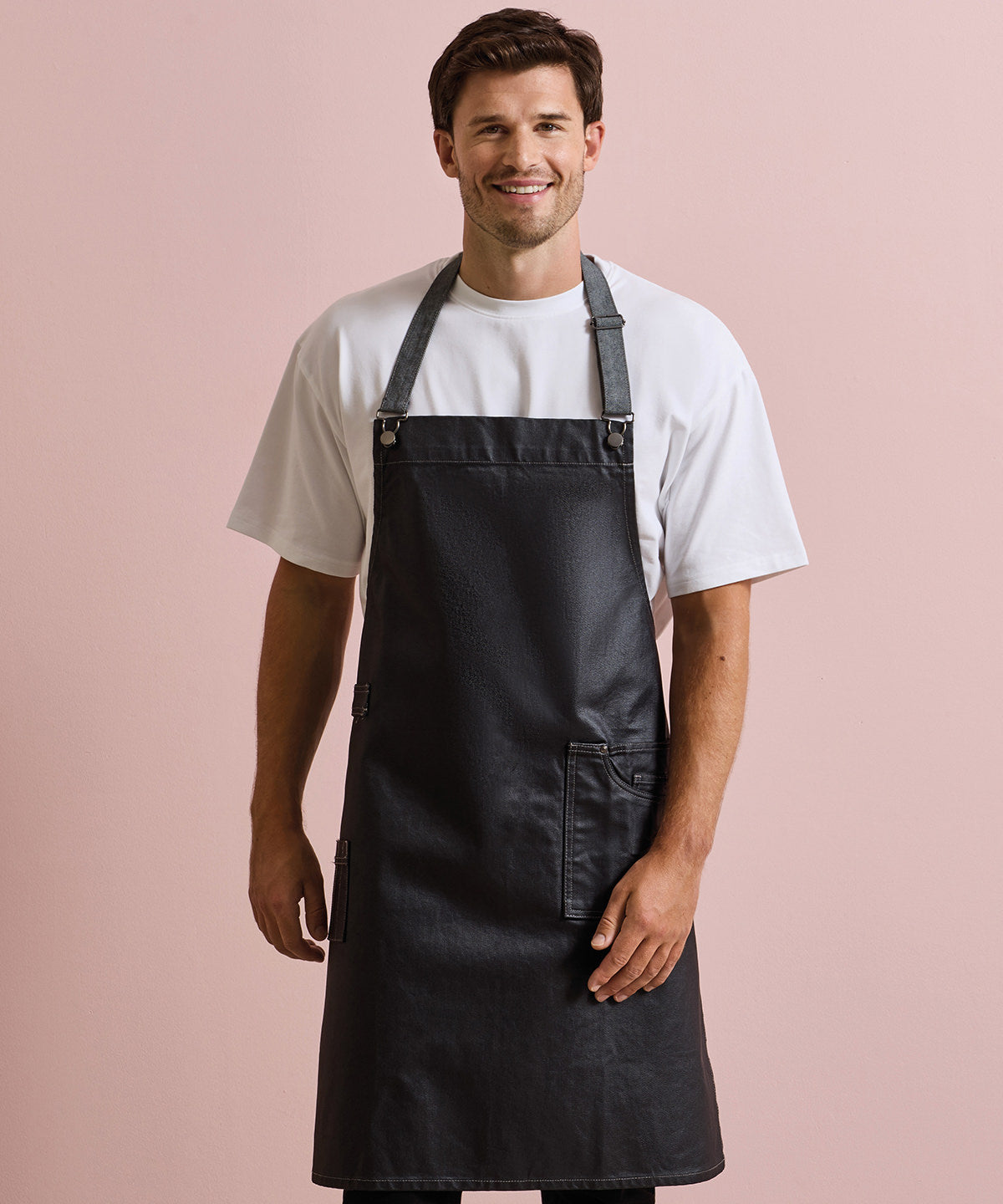 District waxed-look denim bib apron