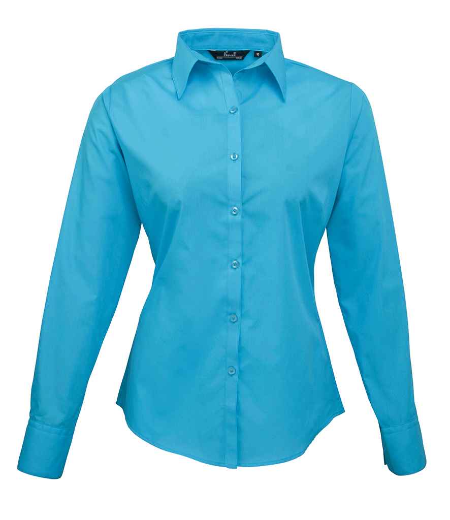 Premier Ladies Long Sleeve Poplin Blouse - Turquoise Blue