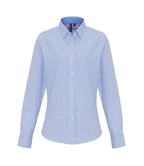 Premier Ladies Long Sleeve Striped Oxford Shirt - White/Oxford Blue