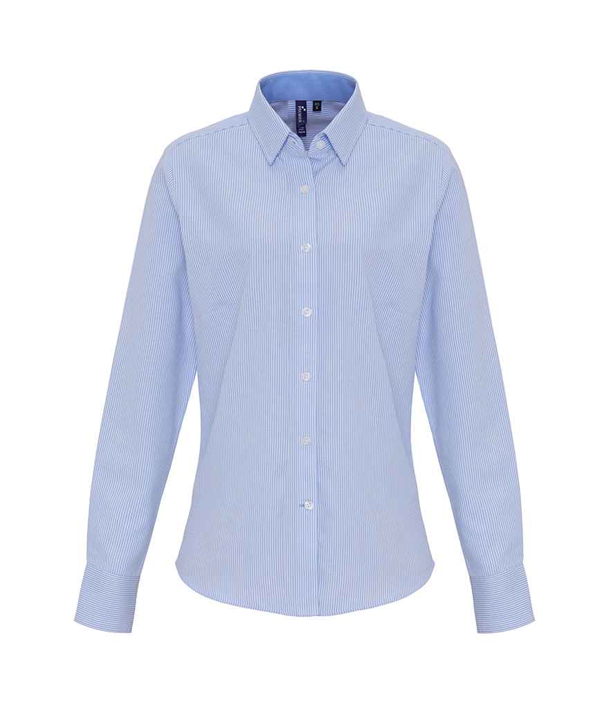 Premier Ladies Long Sleeve Striped Oxford Shirt - White/Oxford Blue